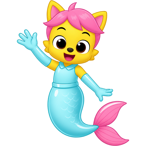 yellow boy cat furry with pink hair and light cyan very long rubber gloves light cyan dress tucked in light cyan mermaid tail with white highlights with pink tail fins (based on pinkfong)