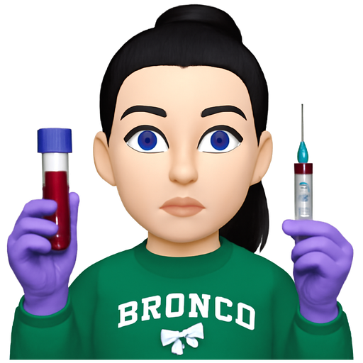 Woman with a nose ring, white skin, black hair pulled straight back into a top ponytail, pale blue eyes, thin high arched eyebrows, wearing a green ford bronco sweatshirt, light purple gloves, holding a purple top vial of blood and a syringe
