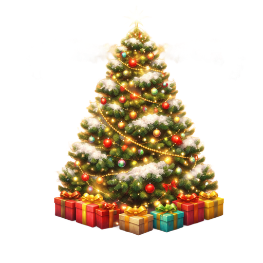 a beautiful green Christmas tree, well decorated and with a shining star, and a bit of snow on some leaves. Against a background of a brickwall and a lot fireplace