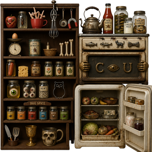 wooden shelf rotten apple bug in jar a red cup full of frog legs eggbeater on nail a fly in a ladle on nail magnet on a nail wooden cupboard with 4 wooden shelves with egg on old scale tin can texted bug remover basket of one candle 3 bones
hot dog in jar cheese brown jar of mold texted on it jar with picture of flower on it jar with picture of acorn on it jar with picture of leaf on it giant green eyeball in jar four eyeballs in jar newt eggs in jar with texted newt on it owl cookie cutter moon cookie cutter bug spice rack with yellow scorpion spice jar orange dragonfly spice jar red cockroach spice jar blue snail spice jar brown beetle spice jar green caterpillar spice jar knife spatula golden cup and skull cupvintage oven with fish handle lizard handle cat handle bowtie handle with a door with brass eye brass c and brass u old kettle pot red sauce bottle snake in jar curdled milk jar of moldy cookies human brass hands holding hand rail on vintage oven 5 bugs crawling on vintage oven in line open fridge with rotten fruits and vegetables and food
