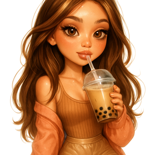 luxury glossy bratz-anime romantic aesthetic, warm cinematic glow, crisp clean detail, glossy glam skin. petite girl, warm soft-autumn tone, fair skin, honey-brown almond eyes, soft freckles, warm toasty glam makeup, glossy nude lips, flutter lashes, sweet Belle-princess vibe, long brunette honey balayage hair with visible light honey blonde highlights, tan ribbed mini dress, cardigan falling off shoulder on purpose peach chiffon blouse, satin shorts, bow knee socks, bubble tea sip, pop-princess energy, shimmer highlight, sparkly glow