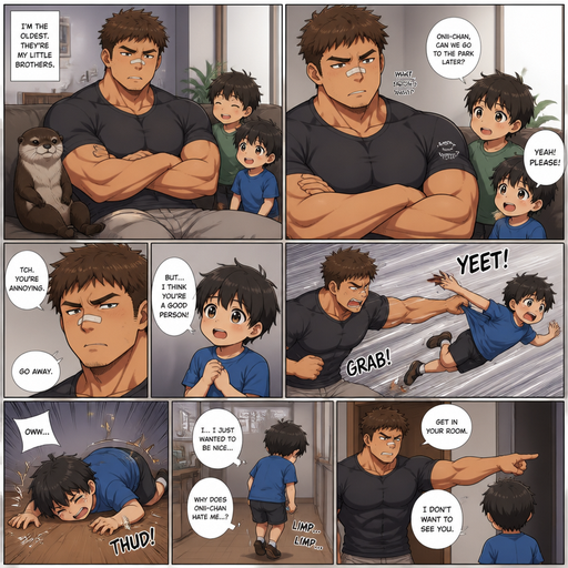 A DETAILED AND LIFELIKE ANIME Comic Book story view of a Bulky but Muscular ANIME Cute Bara Man With Peach toned skin Who looks Normal aind round facial Structure and Basic facial structure With Puffy and Big Pecs that are visible through the shirt and Biceps and Bandaid on his nose and Brown short hair that makes them look tough. Wearing normal With his pet Grown and healthy realistic otter and 2 little brothers that are in different ages but young. And he doesn‘t like them and big brother picks the little brother up and The little brother fly’s to the floor and limps away the little brother believes that he‘s A good person but when he tells him that he is pushed into his room