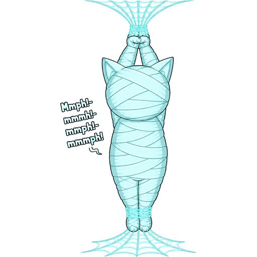 #B8FFFF mummified completely covered anthro cat shaped cocoon completely covered hanging on the ceiling by wrists tied up with #B8FFFF spider webs and ankles tied up with #B8FFFF spider webs on the floor Mmph!-mmmph!-mmph!-mmmph! happy tree friends style
