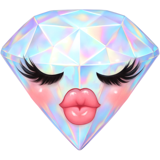 Kissing emoji but replace with a gold shining clarity diamond add fake eyelashes, light, pink blush, kiss your lips, light pink