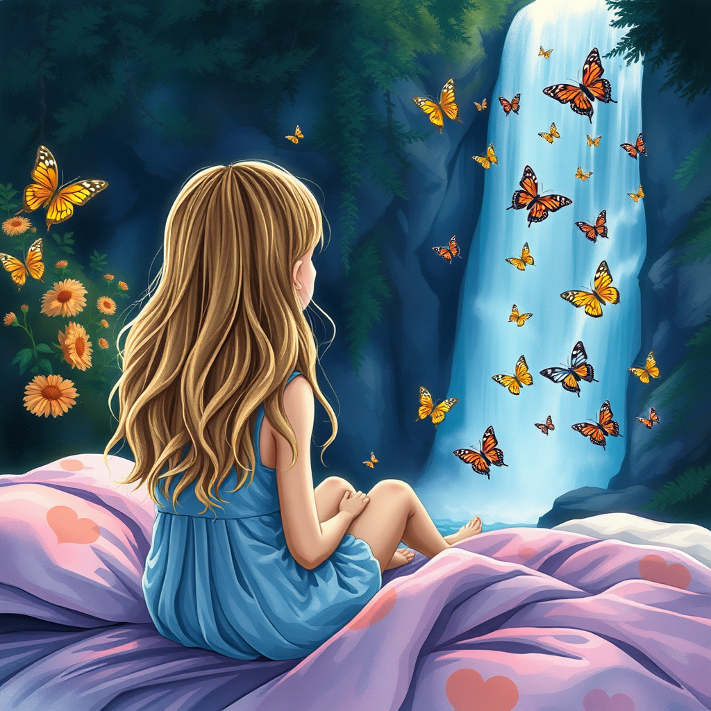 A girl with dirty blonde hair wavy sitting on a bed watching a waterfall with lots of butterflies at night