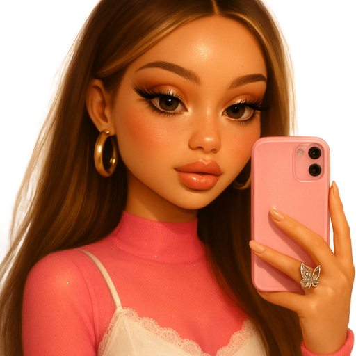 luxury glossy soft-Bratz storybook romantic aesthetic, warm cinematic glow, soft fairytale lighting, glossy doll-like skin, fair-light toasted soft autumn tone with faint rosy warmth, honey-brown almond eyes, soft freckles, tall forehead, longer upper face, wider jaw, plush lips, warm toasty glam makeup with shimmer highlight, fluttery lashes, sweet Belle-princess energy, cozy romantic vibe, long straight brunette honey balayage hair with light honey-blonde highlights, neon pink mesh long-sleeve top under white cami dress with lace trim, chunky hoops, silver butterfly ring, baby pink phone case in hand taking mirror selfie, sparkly glow