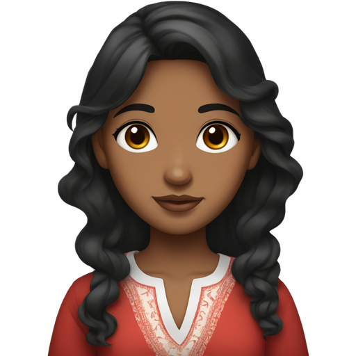 An Indian girl with brown skin, wavy black hair, black eyes, a Korean nose, v shaped face, hourglass figure and a pretty red, white and black shirt