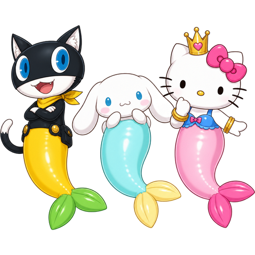 morgana anthropomorphic cat Persona 5 wearing a long yellow rubber pooltoy mermaid tail with green fins next to cinnamoroll wearing a light cyan rubber pooltoy long mermaid tail with light yellow fins next to hello kitty wearing a light pink rubber pooltoy mermaid tail with pink fins blue swimsuit and golden crown and golden bracelets