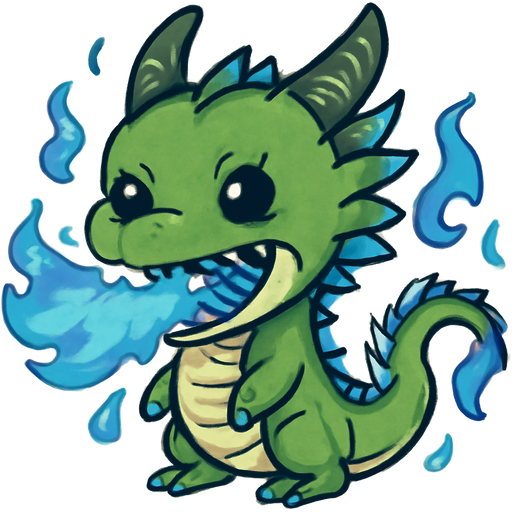 Green goku dragon that is very cool and blue fire coming out of his mouth and around him with legs and he is a sea dragon with sharp teeth