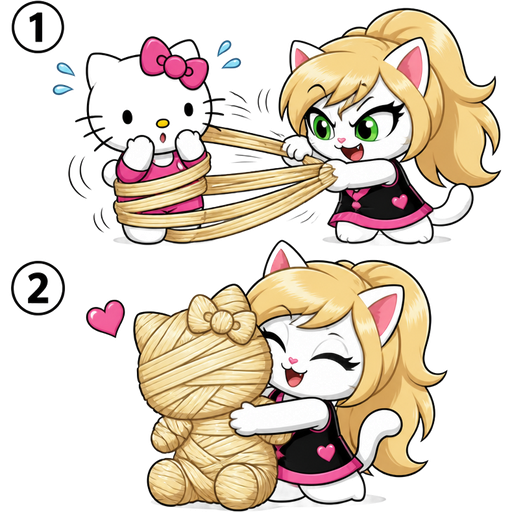 1 hello kitty getting quickly wrapped up mummified by HTFWhiskersthecat with light blonde hair 2 tight light blonde hair mummy shaped like hello kitty completely covered with light blonde hair mummy then HTFWhiskersthecat hugs tight light blonde hair mummy shaped like hello kitty completely covered with light blonde hair mummy comic version @1 @2