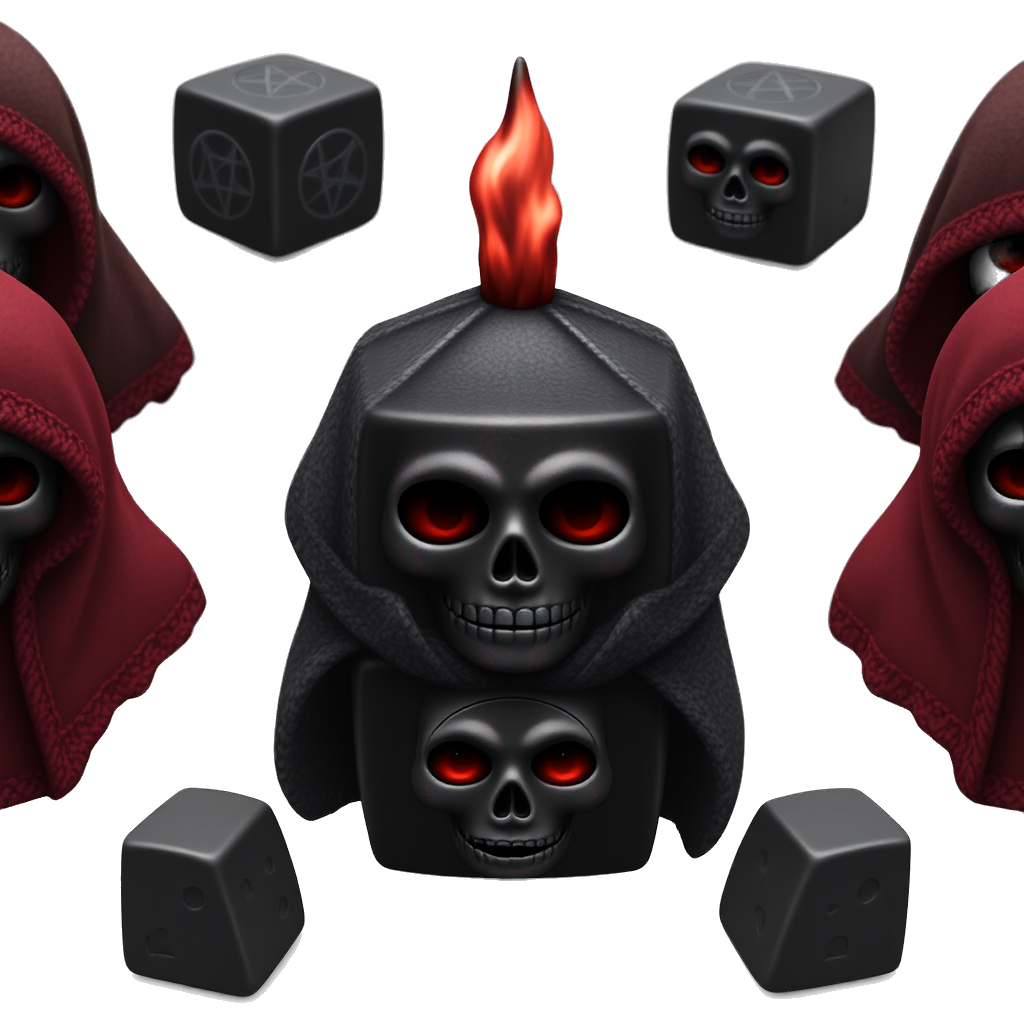 Create 1488 gothic dice adorned with intricate skull engravings, dripping with dark hues of black and crimson. Each die wears a tiny, lace-lined cloak, featuring silver pentagram charms that shimmer in the dark. The numbers are etched ominously in a twisted font, casting a shadowy allure.