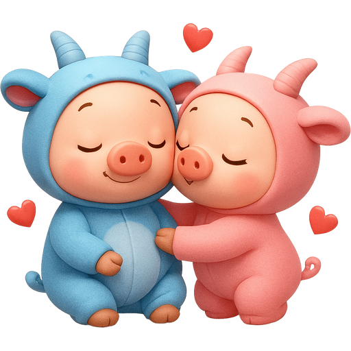 cute pig wearing blue goat onesie eyes closed and pink girl pig wearing pink goat onesie cuddling w hearts around girl kiss boy