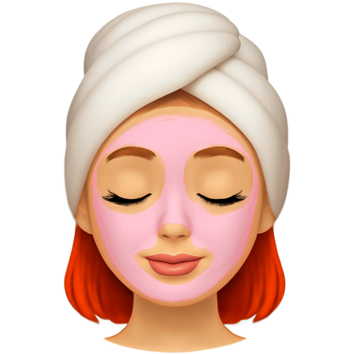 Haz una mujer peliroja, con ojos cerrados, una toalla en el cabello, una mascarilla rosada en el rostro muy aesthetic y girly, hazla más bonita