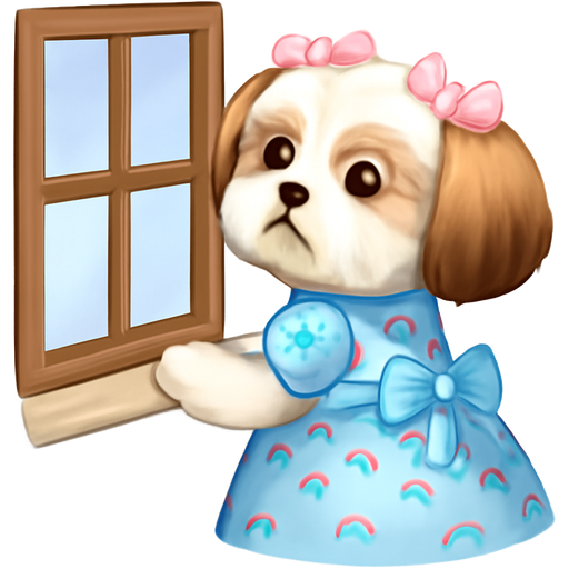Hazme una perrita shihtzu con pelaje blanco con café, monitos en la cabeza rosados, orejas cafés claras y en la punta café oscuras, que esté parada mirando por la ventana - vestido azul pastel con estampado de arcoíris chiquitos en todo el vestido y un moño en la cintura y que se vea note la ventana y la perspectiva es de mucho lindas