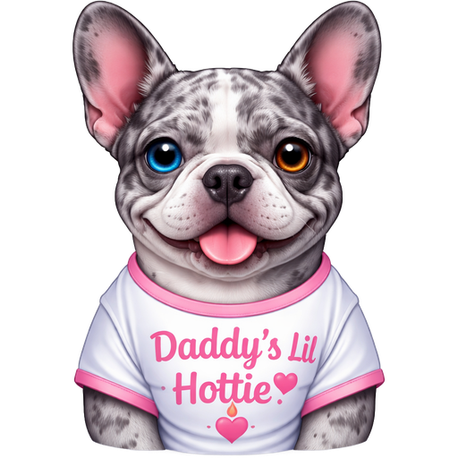 Mostly grey Merle french bulldog with a tshirt that says Daddy’s Lil Hottie and one blue eye one brown eye