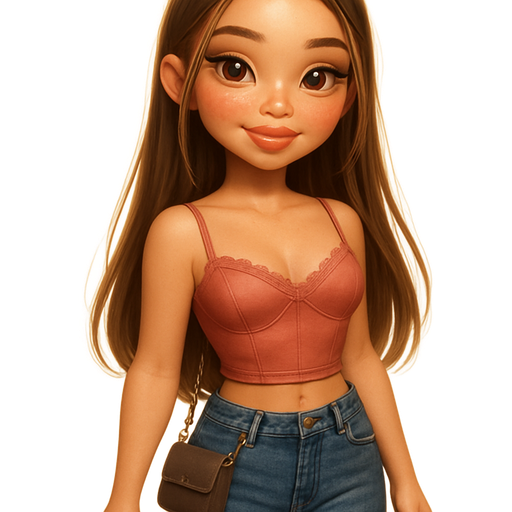 semi-realistic soft cartoon luxury glam, mini plush Bratz-doll aesthetic, cinematic glow, crisp clean detail, glossy glam skin. brown eyed skinny Petite girl, fair skin with soft freckles, wide face with tall forehead, honey-brown almond wide-set upturned eyes, fluttery lashes, shimmer highlight, plush lips, bottom heavy lip, sweet Belle-princess vibe, long straight brunette hair with visible blonde highlights, softly defined feminine body, soft hourglass shape with full round bust, warm rose satin cropped bustier with delicate lace trim, medium-wash straight-leg low-rise denim jeans slightly fitted through the thigh, tiny mocha crossbody bag with gold chain strap, straight middle part hair with soft face-framing tendrils tucked behind one ear, makeup: rose shimmer highlight on cheeks, cinnamon-pink glossy lips, mauve blush on apples of cheeks, nails almond-shaped nude gloss, soft laugh in warm golden lighting. full body showing. Cozy romantic glow, soft warm lighting, pop-princess energy