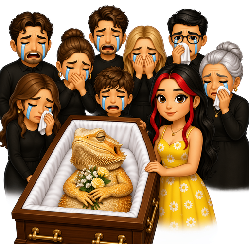A bearded dragon, in a coffin and people behind the thing crying and one girl right next to it with red strands in the front of her hair and black carrot with the rest of her hair she’s white brown eyes yellow dress what flowers on it and she’s fine everybody’s there crying