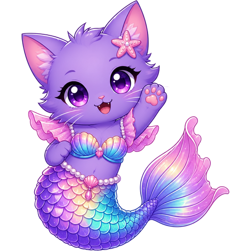 A stylized purple kitten A vibrant, multi-colored scale mermaid tail paired with a matching top, a pearl waistline, and pink frilled shoulder pads.