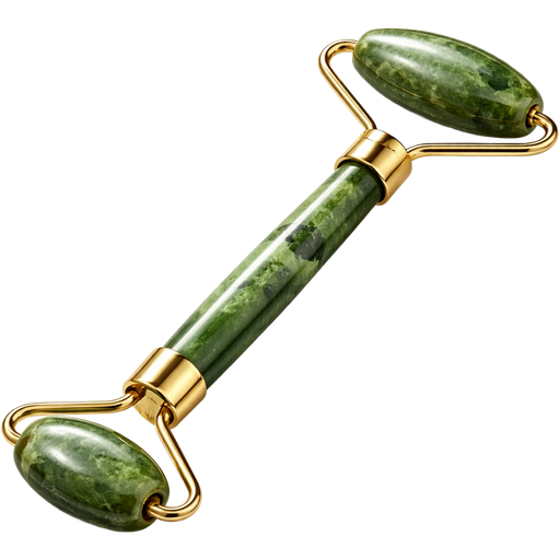 Ultra-realistic jade roller with gold accents, high-quality close-up view, polished green jade stone showing natural veins and texture, shiny reflective gold metal handles, realistic shadows and highlights, intricate detailing on the metal joints, luxurious and professional aesthetic, soft lighting that emphasizes the smooth surface and depth