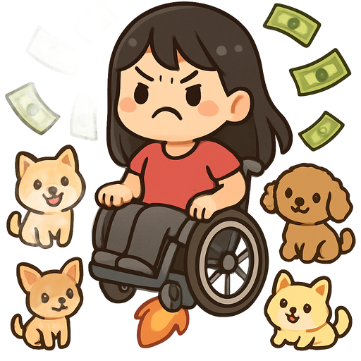 Asian woman in a wheelchair with lots of cash surrounded by tiny dogs and she’s on a air tank and mad