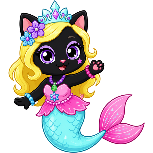 black cat with light yellow hair purple and blue flowers light cyan crown purple and green necklace pink and blue bracelets pink dress attached to long light cyan mermaid tail with pink tail fins based on Parlo magic mixies (cartoon)
