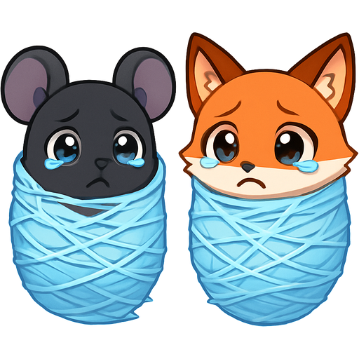 #B8FFFF cocooned wrapped up black mouse frightened and teary eyes cocooned covered with thick coat of #B8FFFF webbing #B8FFFF cocooned wrapped up red fox frightened and teary eyes cocooned covered with thick coat of #B8FFFF webbing, anime style emoji, cute expressive character