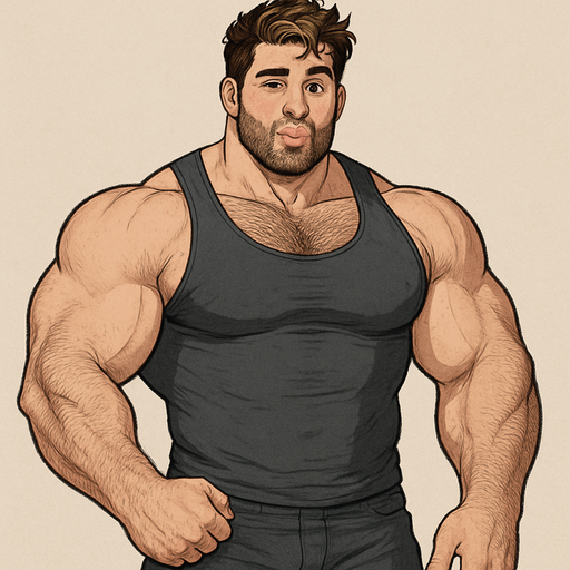 A Full Body view Huge Buff and Muscular White Guy with a Humongous Chest, has A Sleeveless Shirt With Brown Hair with Blond Highlights and brown Eyes, with a Hairy Chest and Stubbled Beard with a Kissy winking Face