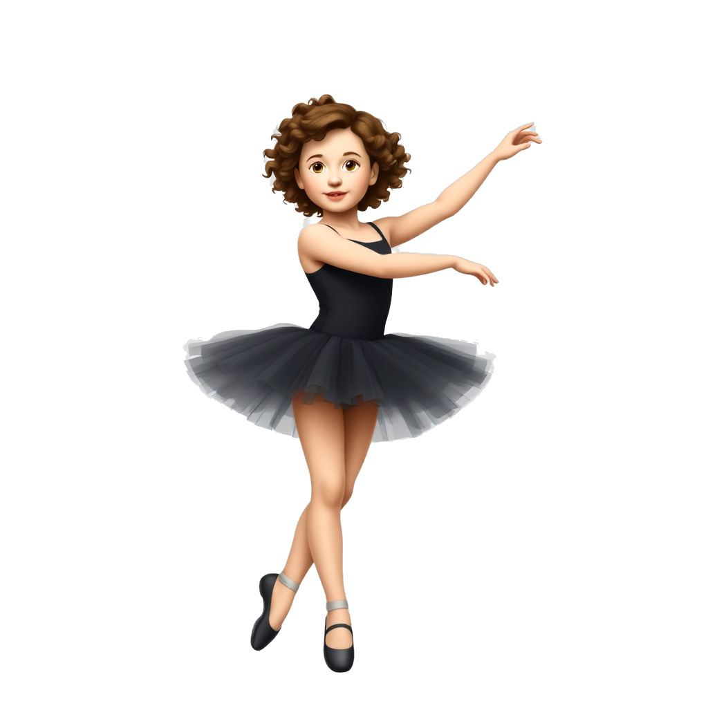 brown haired curly white girl doing arabesque (ballet) in a black tutu with just two arms and two legs