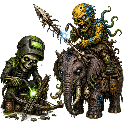 slime covered skeleton welding a crossbow made out of junk and mutant yellow zombie with blue infection and green tentacles welding a boney spear riding on a mutant elephant