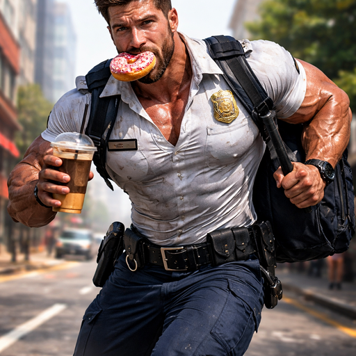 A full body view of a picture of a Real life Gigantically Buff and Hunky Policeman with Big Arms and Big Chest. Spiked Hair. Wearing a White Shirt that is a little bit short around the waist. Holding A Donut in his Mouth and one hand Holding his Backpack and the other holding coffee. Drenched in Sweat. in a Hurry