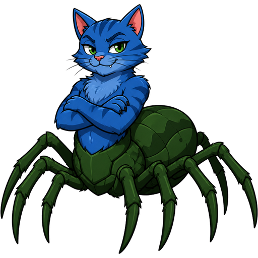 Upper Torso: The top half consists of a blue cat (or anthro-feline) from the waist up. It features a feline head, chest, and front paws/arms The bottom half is a large, eight-legged green spider body, mimicking the traditional Dungeons & Dragons drider layout.