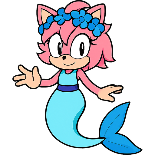 Male pink anthro cat with pink hair blue flower crown with light blue dress attached to purple belt attached to long cyan and white mermaid tail with blue fins sonic x style