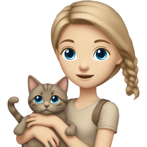 a girl with fair skin, long light brown hair, and blue eyes, wearing beige clothes and holding a gray cat