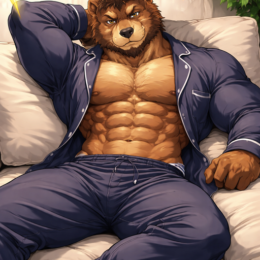 A Full BODY and FACE of a Muscular and Buff with Gigantic Pecs AND biceps. VERY Masculine, handsome, Anime Bara Furry Grizzly Bear with a Very Good-looking and Mature Face and Brown eyes with a wrestler type body and Think Abs. Laying on the couch In Button up Pajamas