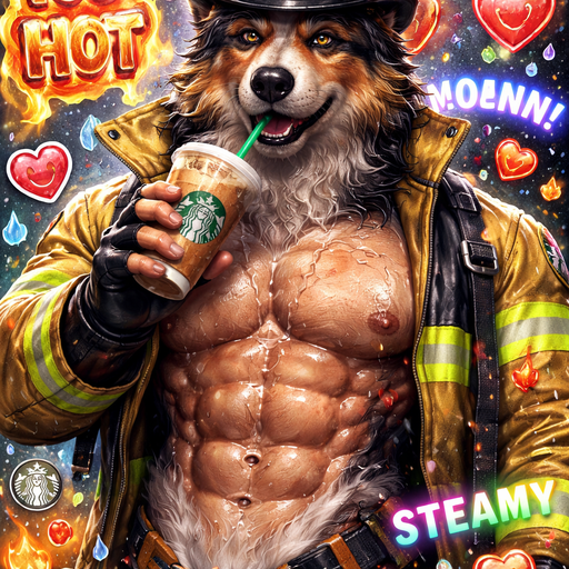 Very Hot, Handsome, Sexy and Attractive German Shepard mixed with an Australian Shepard bara furry Fireman Dripping with Water Drinking Starbucks coffee. iPhone Wallpaper