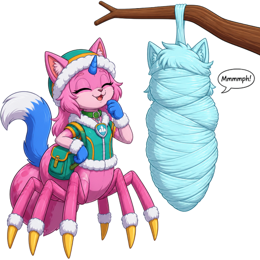 anthro girl pink cat drider with blue and white tail white wrists blue hands white ankles yellow tips on spider legs green collar blue unicorn horn wearing everest's hat clothing with backpack on left side next to wrapped up and mummified fully covered in a #B8FFFF spider slik cocoon shaped like furry cat boy kid anthro arms behind back with #B8FFFF spider slik wrappings completely covered with thick layers non-transparent #B8FFFF spider slik wrappings Mmmmph! hanged to the branch