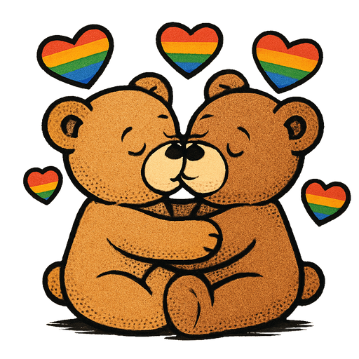 Make an emoji where two teddy bears kiss and hug each other while hearts with gay pride colors surround them