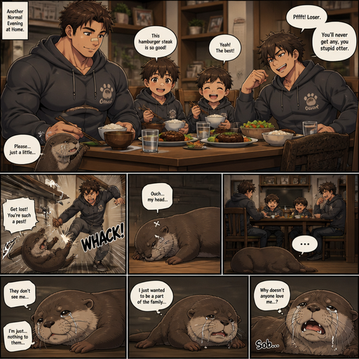 A DETAILED AND LIFELIKE ANIME Comic Book story view of a Bulky but Muscular ANIME Cute Bara Man With Peach toned skin Who looks Normal aind round facial Structure and Basic facial structure With Puffy and Big Pecs that are visible through the shirt and Biceps and Bandaid on his nose and Brown Fluffy and Strait hair. Wearing normal clothes and hoodie that matches his Family members so no one in the family got lost and With his pet Full grown and Healthy and long otter and 2 little brothers. And they at the house all eating dinner together and the otter begs for food. And the bigger brother excessively bullies the otter. And the otter laying his side on the floor with a headache. And everyone neglects the otter and the otter doesn’t feel seen and he cries. Ans