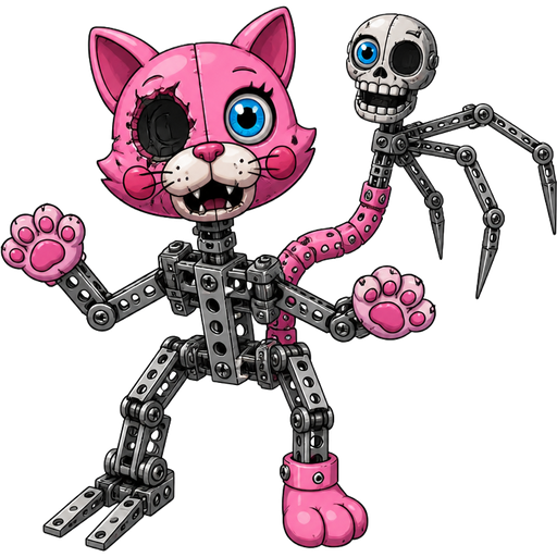 toy pink cat head one of the blue eyes are missing on left toy pink cat paws skeleton like body made of Erector Set pieces toy pink cat tail with robotic skull head with blue doll eye on left eye socket 3 spider like legs made of Erector Set pieces 2 endoskeleton feet 1 toy pink cat foot acts like fnaf 2 mangle
