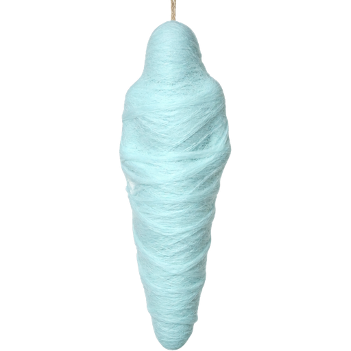 mummified fully covered in a #B8FFFF spider slik cocoon shaped like fox arms behind back with #B8FFFF spider slik wrappings completely covered with thick layers non-transparent #B8FFFF spider slik wrappings hanging upside down from the ceiling animated halloween prop