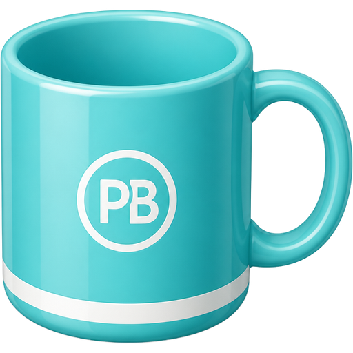 Diseña un emoji estilo Apple/iOS de una taza promocional personalizada. La taza debe ser de cerámica, con un diseño moderno y minimalista, utilizando un color turquesa brillante similar al HEX #4CBEC5 como color principal y detalles en blanco. En el frente debe llevar un logotipo pequeño y genérico con las letras ‘PB’, simulando una taza corporativa personalizada. La taza debe tener un acabado brillante, una ligera perspectiva isométrica, sombras suaves y el nivel de detalle característico de los emojis oficiales de iOS. Mantén líneas limpias, colores planos con degradados sutiles y una apariencia amigable y fácilmente reconocible en tamaño pequeño. Debe transmitir la idea de un artículo promocional de alta calidad utilizado para fortalecer la identidad de una empresa.