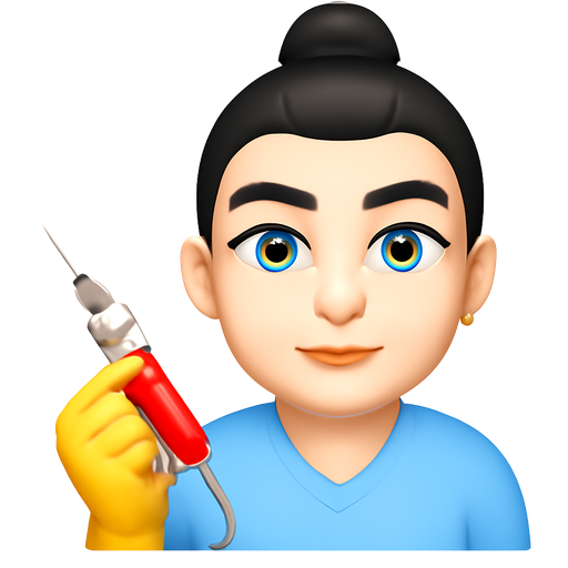 phlebotomist with white skin, a nose ring, and and black hair arched eyebrows and folded ponytail on top of head light blue eyes