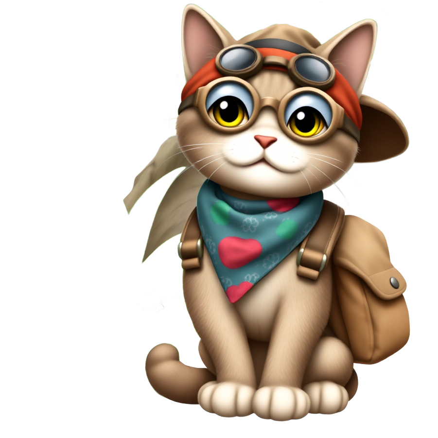 A whimsical cat dressed as an explorer, sporting a colorful bandana and tiny aviator goggles. It carries a miniature backpack filled with curious trinkets, ready for a grand adventure through a lush jungle teeming with exotic plants and playful butterflies.