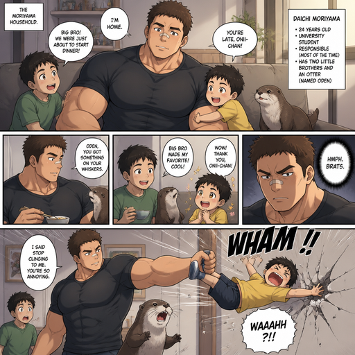 A DETAILED AND LIFELIKE ANIME Comic Book STORY of a Bulky but Muscular ANIME Cute Bara Man With Peach toned skin Who looks Normal aind round facial Structure and Basic facial structure With Puffy and Big Pecs that are visible through the shirt and Biceps and Bandaid on his nose and Brown short hair that makes them look tough. Wearing normal With his pet Grown and healthy realistic otter and 2 little brothers that are in different ages but young. And he doesn‘t like the youngest one and the youngest flys to the wall while he holds the youngests foot