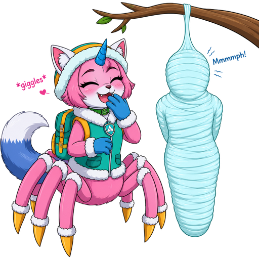 happy anthro girl pink cat drider with blue and white tail white wrists blue hands white ankles yellow tips on spider legs green collar blue unicorn horn wearing everest's hat clothing with backpack *giggles* I cocooned you in a cozy and snugly cocoon next to wrapped up and mummified fully covered in a #B8FFFF spider slik cocoon shaped like boy arms behind back with #B8FFFF spider slik wrappings completely covered with thick layers non-transparent #B8FFFF spider slik wrappings Mmmmph! hanged to the branch