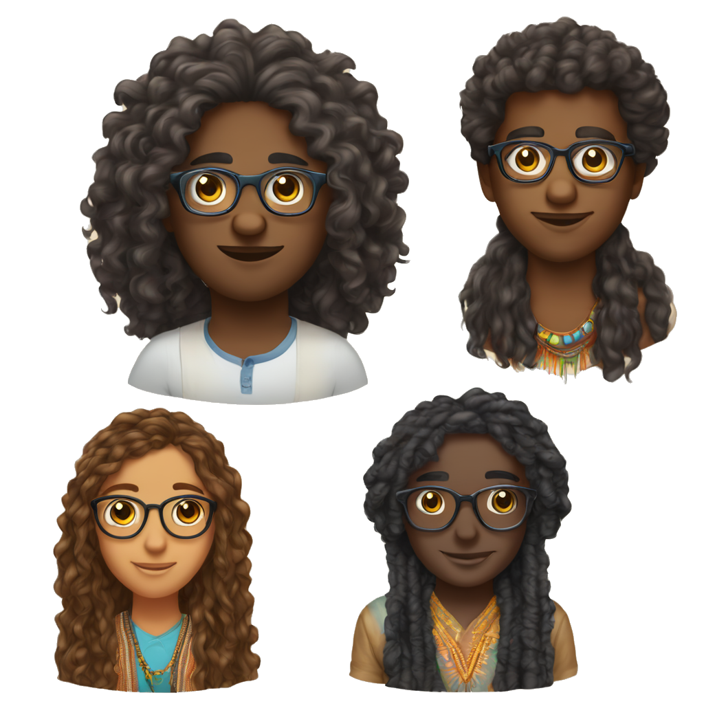 make a trio friend group one being indian with glasseswith thick curly hair one being indian with long thin wavy hair and a Ghanaian with boho braids and glasses
