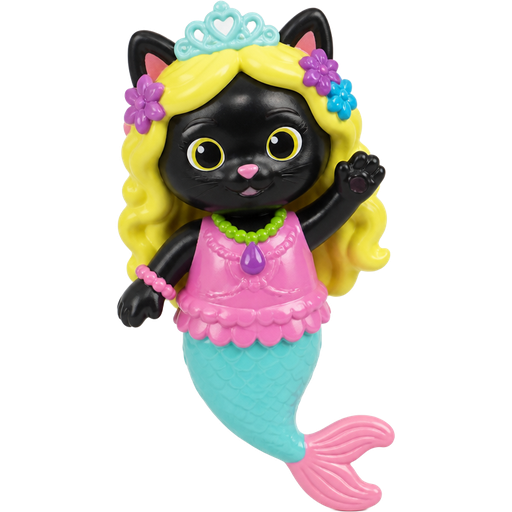 black cat with light yellow hair purple and blue flowers light cyan crown purple and green necklace pink and blue bracelets pink dress attached to long light cyan mermaid tail with pink tail fins happy meal toy version