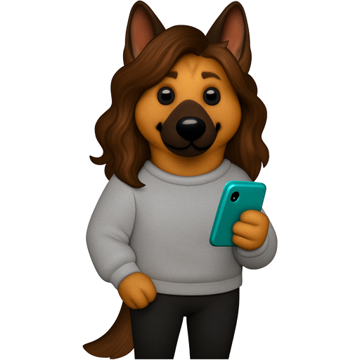 German shepherd standing on hind legs with brown wavy hair and wearing a sweatshirt and black leggings,holding a teal phone