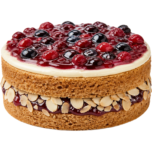 Whole Almond Berry Cake with Cherry Preserves Filling and Almond Flakes in the Middle and Almond Cream with Mixed Berry Compote on Top