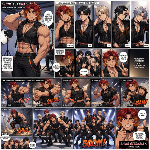 A Full page Anime Comic book story about of a masculine and Bulky ANIME Cute Bara Man. With no piercings and Wearingin a K-pop boy and outfit and Red Hair and Bright Orange Hair Tips and Strait is wearing Fluffy short lengthened Hair a brown eyes and black eyebrows. Dressed like that look as and at A Photo shoot each member taking a photo for there new album. Each Member evenly getting pictures. During a Dance routine and Every Dance move was hit